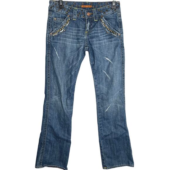 Vigoss Jeans Junior 3 Blue Denim Bootcut Embellished Flap Back Pockets Y2K Retro - Picture 1 of 5